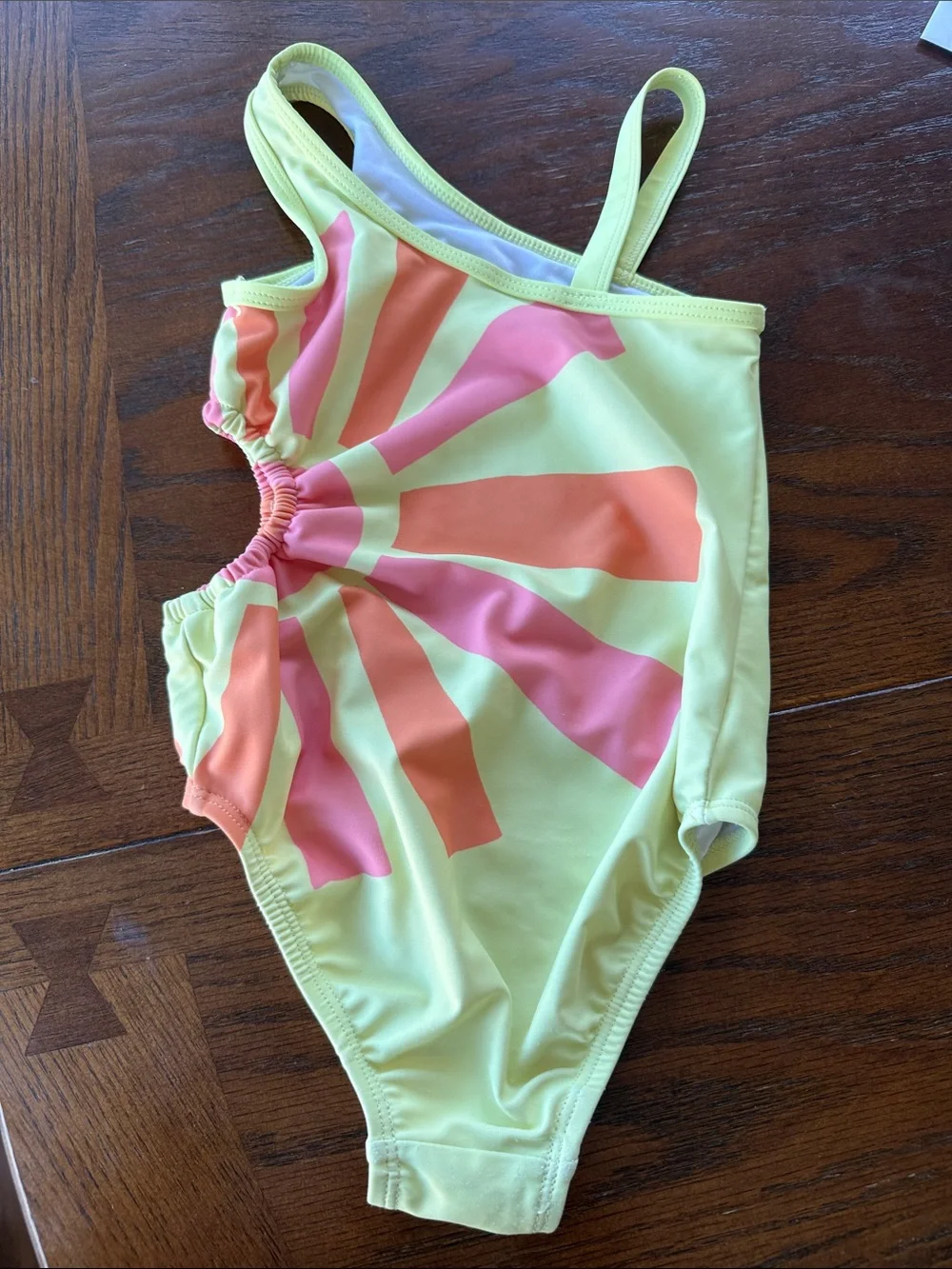 Old Navy Neon Yellow One-Piece Swimsuit with Pink & Orange Sunburst